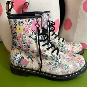 Dr. Martens Cream and Pink Floral Combat Boots with Chunky Sole